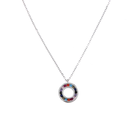 Gargantilla plata con círculo calado y circonitas multicolor en Plata de Ley 925