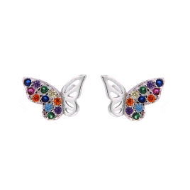 <p>Pendientes plateados pequeños en forma de mariposa decorado con circonitas de colores de Plata de Primera Ley.</p>\n<ul>\n<li